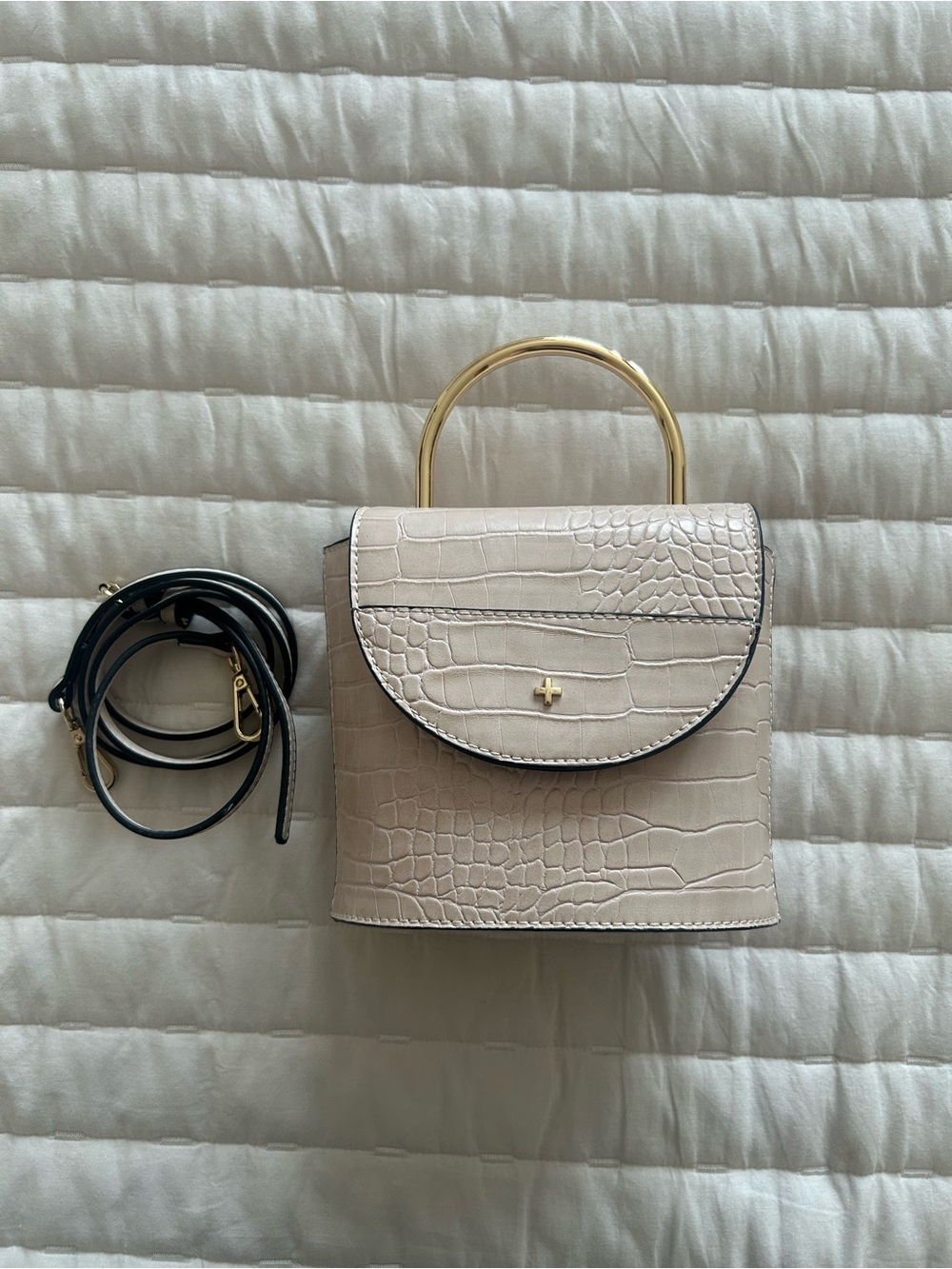 Peta + Jain Cream Croc-Embossed Top-Handle Crossbody with Gold Trim